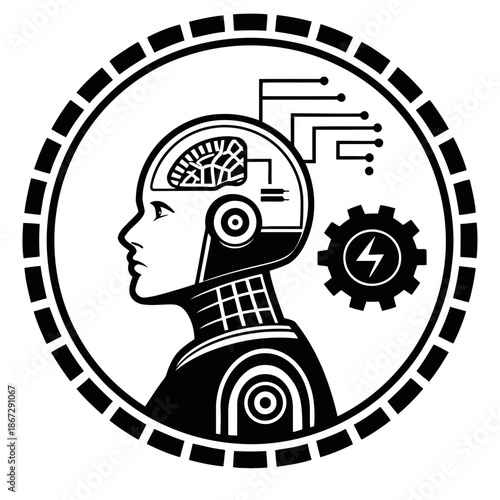 A futuristic robot head with a brain and gear in a circular design