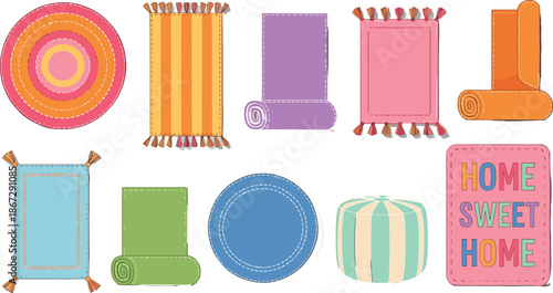 Colorful home rugs and mats vector set, decorative carpets pouf cushion and doormat illustrations, cozy interior textile elements isolated on white background