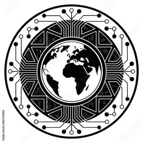 A black and white vector graphic of the Earth surrounded by circuit board design