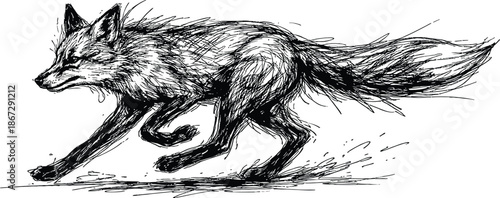 Dynamic Running Fox Sketch Vector Illustration Black and White Pen and Ink Style Wild Animal Art