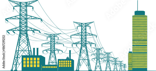 Electric power transmission illustration, high voltage towers supplying city buildings with energy grid infrastructure on white background vector design modern urban