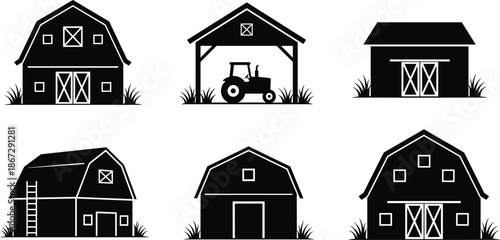Farm barn silhouette vector set, rural agriculture buildings and tractor shed icons, countryside farming structures isolated on white background
