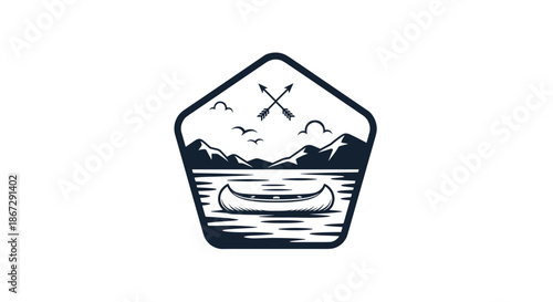 Vintage style outdoor adventure emblem featuring a canoe on a mountain lake with crossed arrows and clouds in a pentagonal frame for camping.