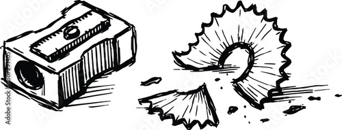 Hand drawn vector sketch of a pencil sharpener and curled shavings in black and white ink doodle style