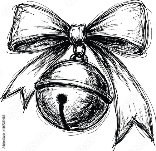 Hand drawn Christmas Jingle Bell with Ribbon Bow Sketch Vector Illustration Black and White