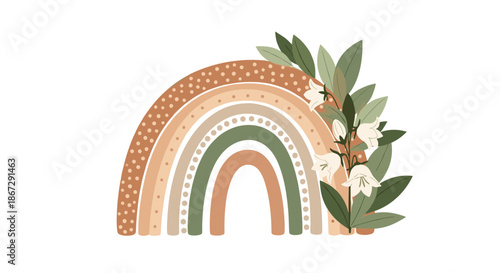 Bohemian style rainbow illustration in soft earthy tones like terracotta and sage green decorated with delicate white bellflowers and green leaves.