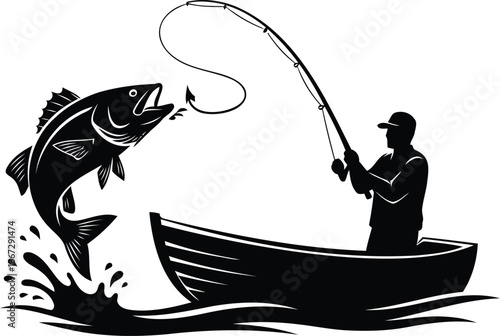 Fisherman in boat catching jumping fish silhouette illustration