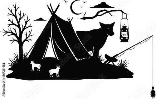 River bend camping adventure badge with wildlife and fishing