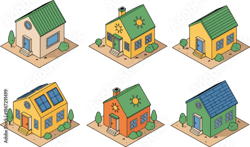 Isometric eco house illustration collection featuring colorful sustainable homes with green roofs and solar panels for renewable energy 