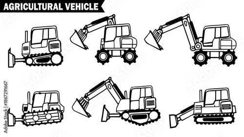 Set of six agricultural excavator vehicle outlines on transparent background heavy machinery used in farming and construction projects.