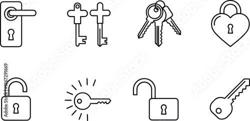 Minimal line security icons set featuring keys, locks, unlocked padlocks and door handle symbols in black outline style