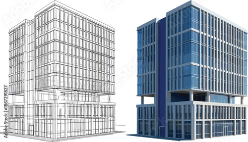 Modern office building architectural illustration showing wireframe and finished 3D render comparison, contemporary commercial architecture design isolated on white background
