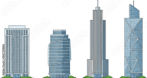 Modern skyscraper vector illustration set showing four contemporary high rise office towers with glass facades isolated on white backgroundModern skyscraper vector illustration set showing four