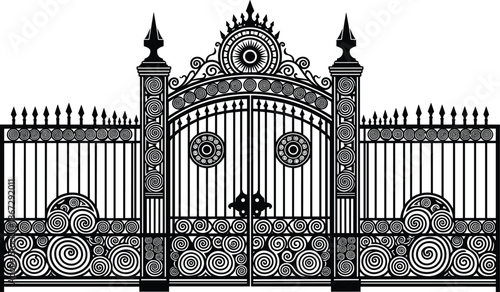 Ornate wrought iron gate vector illustration featuring decorative scrollwork, symmetrical vintage design, elegant architectural entrance isolated on white background