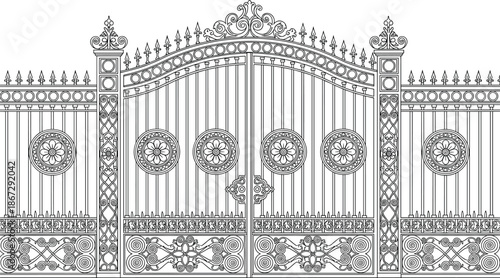 Ornate wrought iron gate line art illustration featuring decorative vintage metal fence design isolated on white background vector style