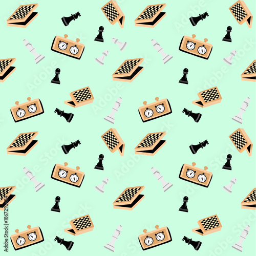 Seamless chessboard pattern. Chess piece background. Chess pawn and rook background. Knight and Bishop background. King and Queen icon texture.