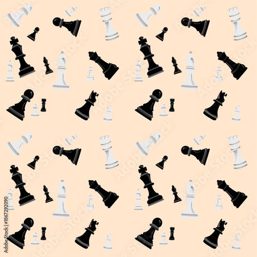 Seamless chessboard pattern. Chess piece background. Chess pawn and rook background. Knight and Bishop background. King and Queen icon texture.