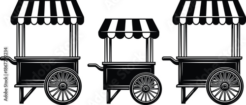 Street food cart silhouette vector set, mobile market vendor carts with canopy wheels, traditional roadside stall illustration isolated on white background
