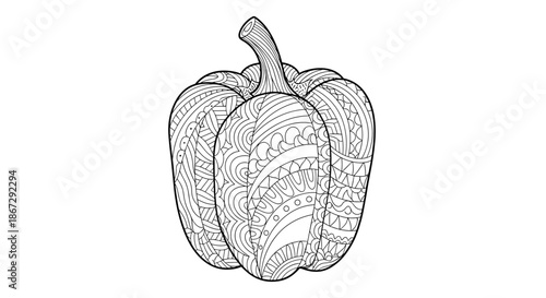 Intricate zentangle-style line art of a bell pepper filled with complex geometric patterns and swirls perfect for creative adult coloring activities.