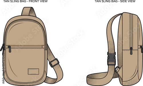 Tan sling bag technical illustration, front and side view crossbody backpack design with adjustable strap zipper details isolated on white background