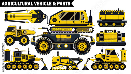 Agricultural vehicle set isolated on transparent background, detailed vector illustration of various farming equipment and heavy machinery.