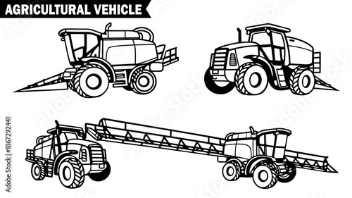 Set of four agricultural combine harvesters and sprayers outline drawings on transparent background, farming machinery vector.