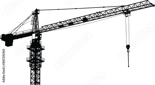 Tower crane silhouette vector illustration, construction lifting machinery with hook industrial building site equipment isolated on white background for engineering design