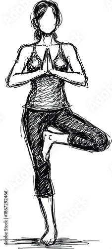 Black and white hand drawn vector sketch of a woman performing Tree Pose Vrksasana yoga pose illustration