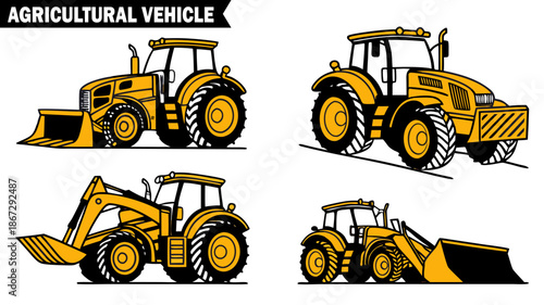 Agricultural vehicle set isolated on transparent background, detailed vector illustrations of various farming tractors with loaders and excavators. 