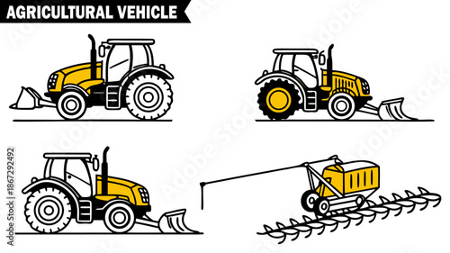 Agricultural vehicle set isolated on transparent background, detailed vector illustrations of various farming tractors and seeders for planting Elements. 