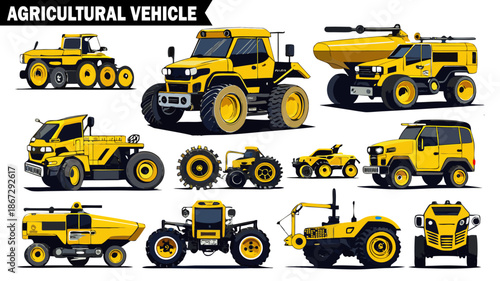 Set of agricultural vehicles, yellow farming machines, various farm transport, heavy equipment for field work and harvest vector illustration. 