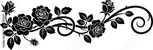 Black silhouette of roses and swirling vines on white background