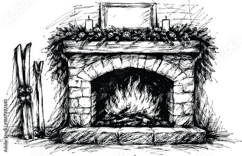 Hand Drawn Fireplace Sketch with Winter Garland Candles and Skis Cozy Holiday Hearth Scene Black and White Ink Illustration