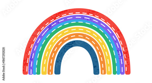 Vibrant hand drawn rainbow illustration with textured colors and dashed white lines representing a road or path on a plain white background.