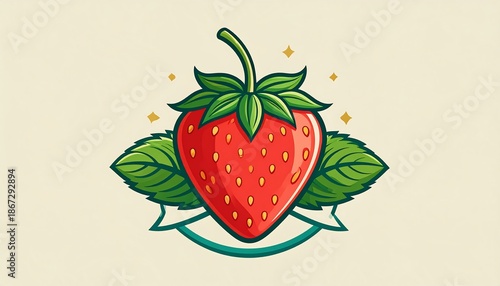 A stylized strawberry graphic, complete with leaves, stem, seeds, banner, sparkle
