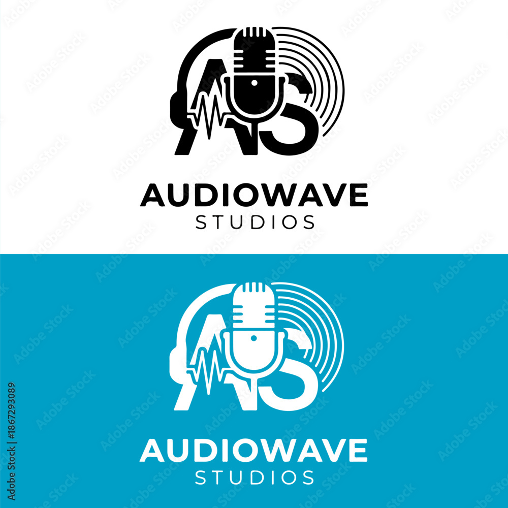 Fototapeta premium Minimalistic music logo with sound waves with headphone and microphone vector illustration.