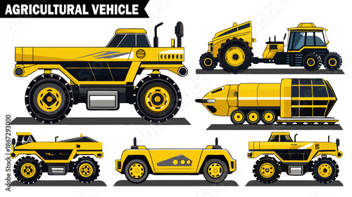 Set of agricultural vehicles, yellow farming machines, various farm transport, heavy equipment for field work and harvest vector illustration. 
