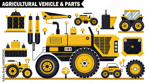 Detailed set of yellow agricultural vehicles and various parts showcasing farm machinery components and equipment on transparent background.