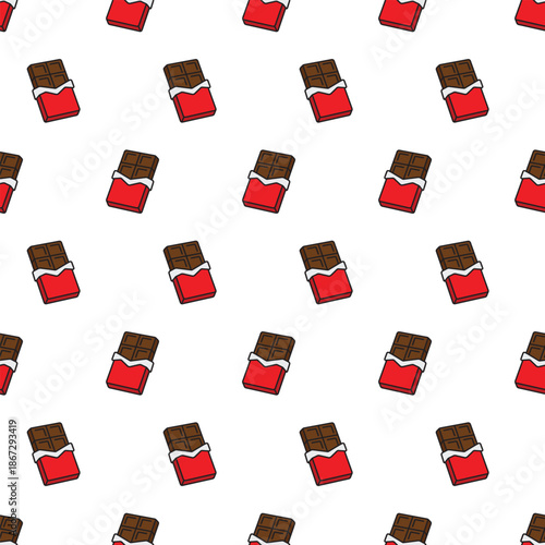 Vector seamless pattern with chocolate bar in red wrapper on white background