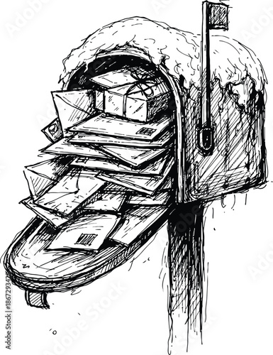 Overflowing Winter Mailbox Full of Holiday Mail and Package Hand Drawn Vector Sketch Illustration