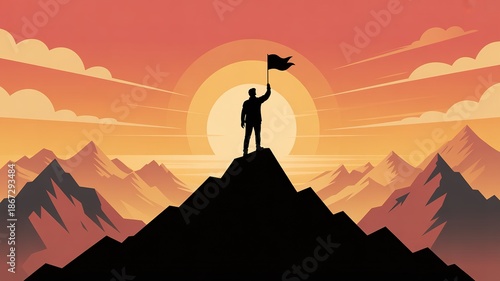 Silhouette of a triumphant person holding a flag on a mountain peak at sunset, symbolizing achievement and success.