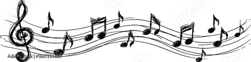 Hand drawn musical staff with notes and treble clef sketch vector background design element