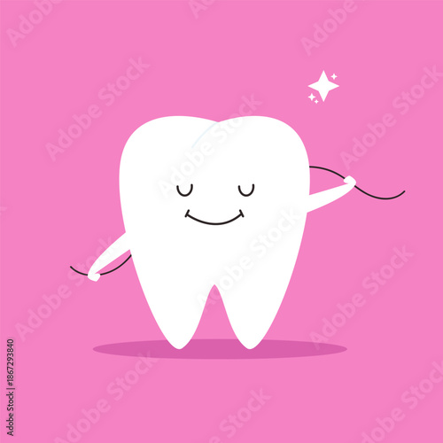Cute Smiling Cartoon Tooth with Floss to Promote Dental Health and Oral Hygiene