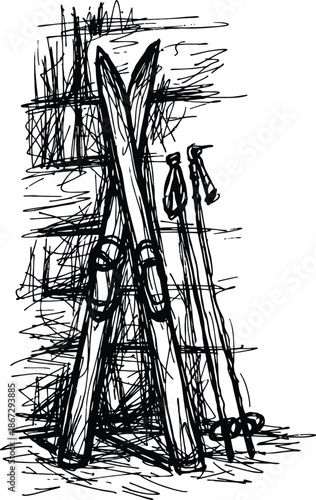 Chaotic scribble art drawing of skis and poles leaning against a wall Black and white vector sketch illustration of winter sport equipment