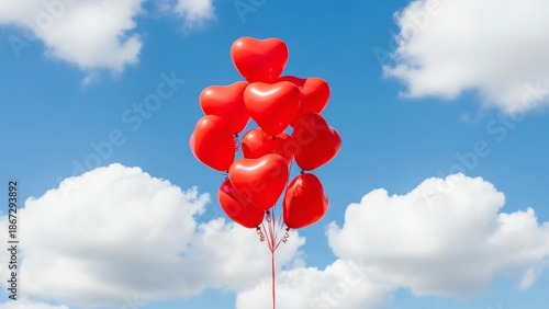 Red Heart Balloons Floating in Blue Sky