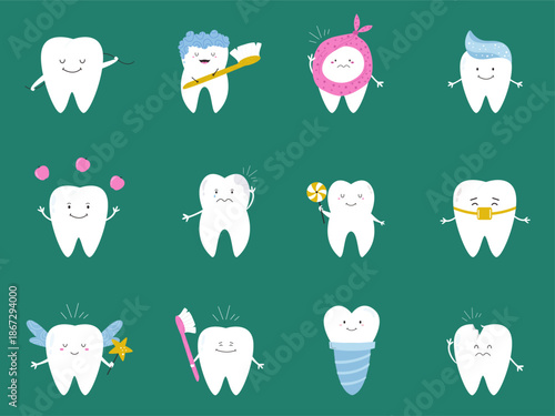 Set of Cute Cartoon Tooth Characters with Different Emotions and Dental Tools to Illustrate Professional Stomatology Concepts