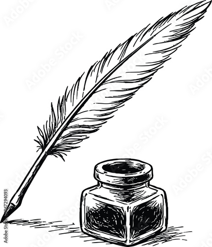Vintage Inkwell and Feather Quill Pen Engraving Style Black and White Drawing