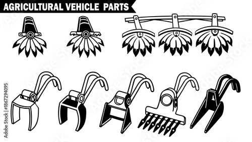 Set of various agricultural vehicle parts black and white vector illustrations farming machinery components isolated on background.