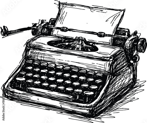 Vintage Typewriter Hand Drawn Sketch Illustration Black and White