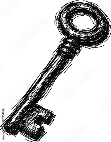 Hand Drawn Vintage Skeleton Key Vector Sketch Black and White Scribble Style Illustration